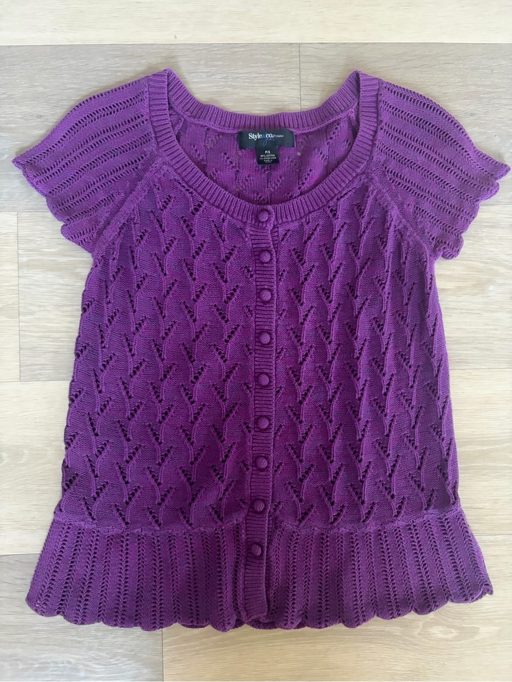 Style & Co. Petite Burgundy Pointelle Knit Peplum Cardigan Top | P/S